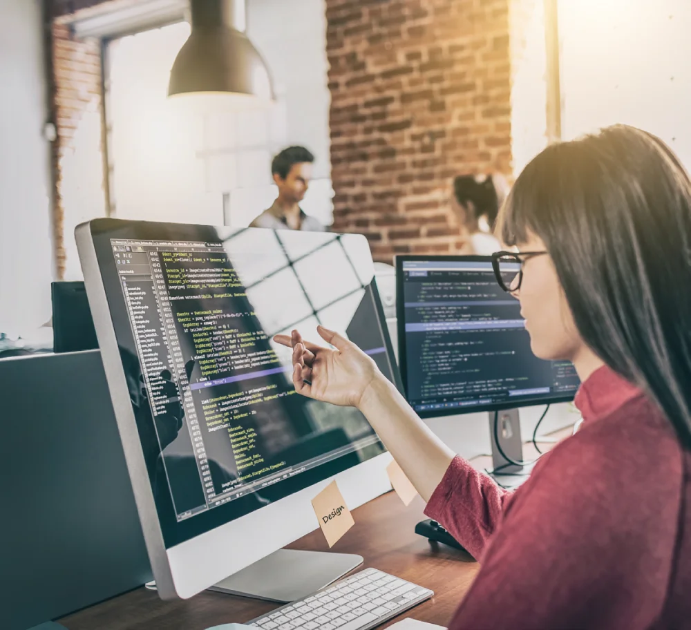 woman analysing computer screen