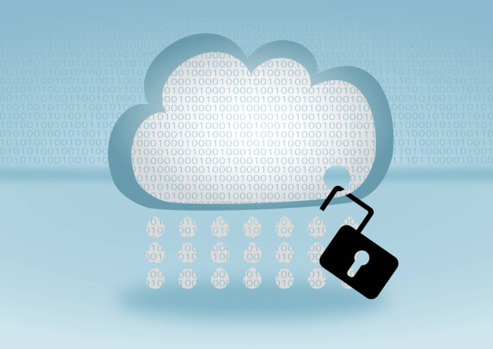 Cloud storage security data breach graphic with padlock on cloud