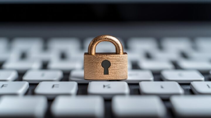 A small brass padlock placed on a white computer keyboard, symbolising data protection and security—ideal for illustrating a cyber security audit.